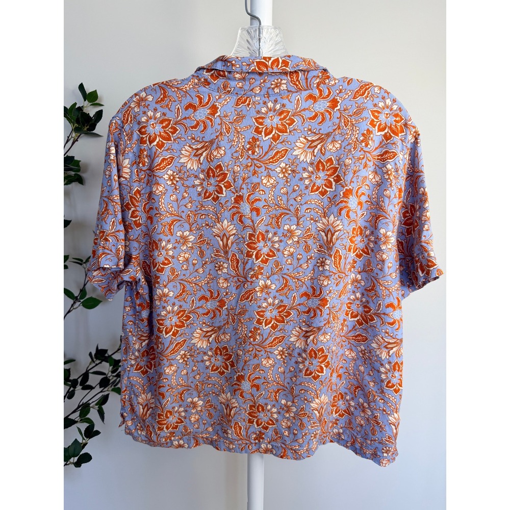Rachel Zoe Womens Blue Orange Floral Linen Blend Short Sleeve Button Up Shirt M - Picture 5 of 7